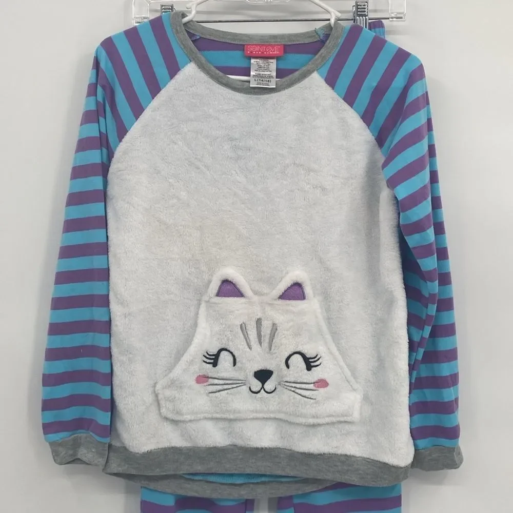 Saint Eve Kids Pajama Set Fuzzy Cat Pocket Sweatshirt Striped Pants L 14/16